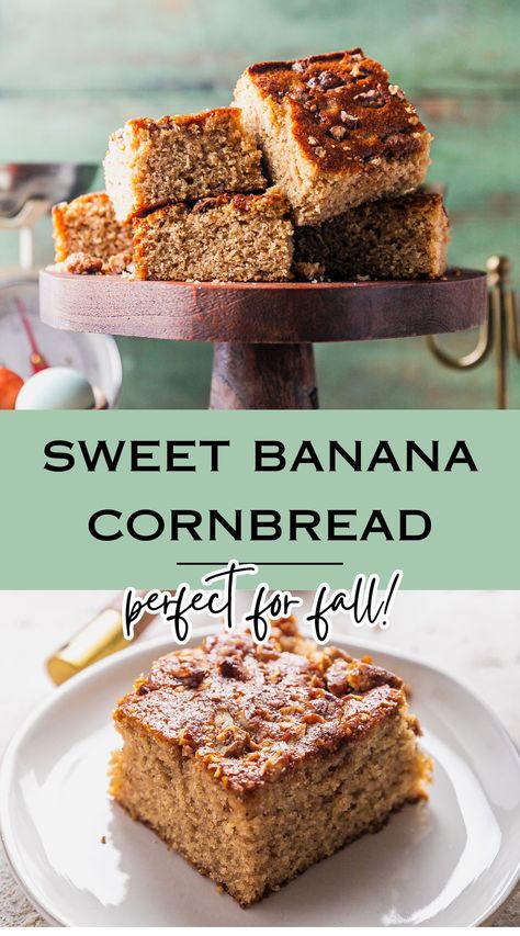 Elevate your baking game with our Banana Cornbread recipe, adorned with pecans. Moist, tender, and utterly delicious – it’s a culinary masterpiece. Get the recipe now! Baking With Cornmeal, Cornbread Dessert Recipes, Cornbread Desserts, Cornbread Side Dish, Banana Cornbread, Cornbread Dessert, Thanksgiving Foods, Buttered Vegetables, Sweet Cornbread