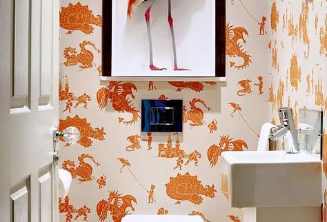 Advantages of wallpaper in a kids bedroom. Why wallpaper is better than paint for a child's bedroom. PaperBoy wallpaper has the answer. #wallpaper #paint #howto #decorate #kidsroom Downstairs Toilet Ideas, Cloakroom Ideas, Cloakroom Toilet, Toilet Ideas, Flamingo Wallpaper, Orange Bathrooms, Living Etc, Downstairs Loo, Small Toilet