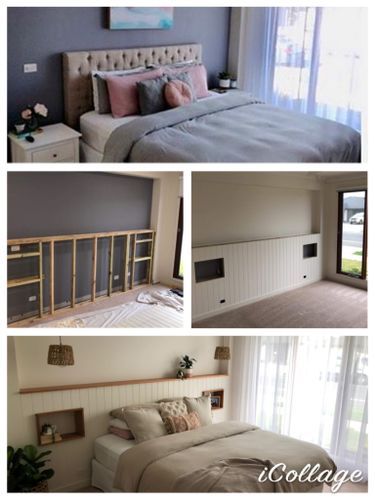 Floating Shelves Headboard, Recessed Headboard Wall, Diy Built In Headboard Wall, Half Wall Headboard, Recessed Wall Ideas, Built In Bedhead, Built In Headboard Wall, Recessed Headboard, Shelf Behind Bed