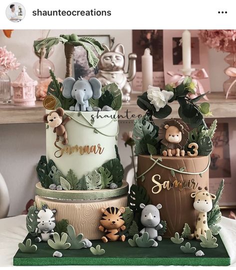 Album Cake, Jungle Baby Shower Cake, First Birthday Decorations Boy, Jungle Safari Cake, Safari Baby Shower Boy, Jungle Theme Cakes, Boys 1st Birthday Cake, Safari Cake, Candy Birthday Cakes