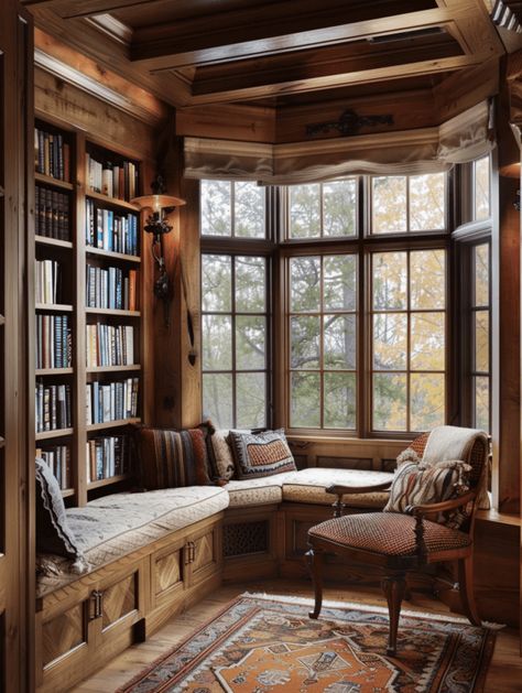 25 Rustic Home Library Designs for Cozy Reading Log Cabin Library, Hygge Library, Library Rustic, Bookshelves Rustic, Reading Room Ideas, Library Room Decor, Rustic Library, Farmhouse Library, Chic Library