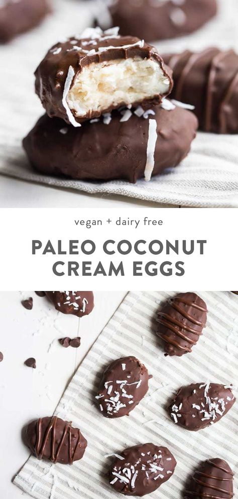 These paleo coconut cream eggs are the perfect paleo Easter treats. Rich and sweet, these vegan Easter eggs are made with only healthy ingredients. Easter is definitely better with paleo coconut cream eggs, right? You'll love these paleo Easter treats because they're simple but delicious! #paleo #easter Coconut Cream Eggs, Paleo Easter, Healthy Easter Treats, Vegan Easter Recipes, Cream Eggs, Healthy Chocolate Recipes, Vegan Easter, Paleo Recipes Dessert, Paleo Baking