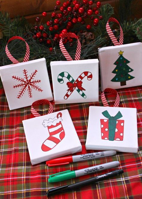 Mini Canvas Ornaments. Adorn the Christmas tree with these Mini Canvas Ornaments for a festive, handmade touch! They are so simple to make and so colorful, thanks to Sharpie Fine markers from Michaels! They’re also easy to customize with your favorite holiday designs and images! #GetCraftyWithSharpie #Pmedia #ad #handmadeornament #ornament #craftprojects #crafts #holidaycrafts #christmascraft Mini Canvas Ornaments, Diy Christmas Canvas, Canvas Ornaments, Christmas Canvas Art, Christmas Paintings On Canvas, Holiday Painting, Christmas Canvas, Mini Christmas, Ornaments Christmas