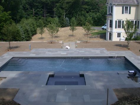 pool design, home design, landscaping In Ground Jacuzzi, Swimming Pool Stone, Pool Rectangle, Swimming Pool Backyard, Blue Swimming Pool, Swimming Pool Renovation, Spray Paint Wood, Stone Deck, Hot Tub Designs