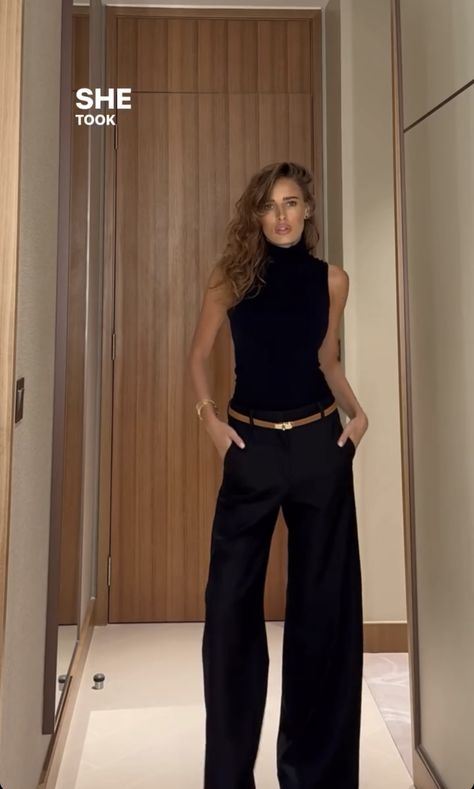 Black Top And Trousers Outfit, Formal Hostess Outfit, Black Dress Styling Casual, H Belt Outfit Hermes, Black Heels And Jeans Outfit, All Black Hostess Outfit, Black Suit Pants Outfit Casual, 90 Minimalist Fashion, Black Dress Pant Outfit