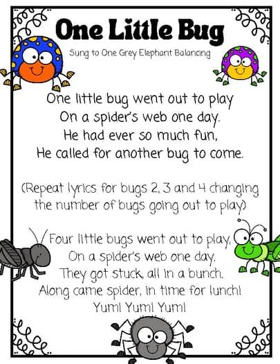 Bug Preschool, Movement Songs For Preschool, Preschool Circle Time Songs, Number Rhymes, Counting To 5, Preschool Poems, Nursery Rhymes Lyrics, Bug Activities, Movement Songs