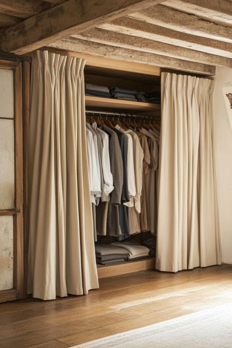 Keep your wardrobe easily accessible with an open closet concept, using curtain dividers for a soft, elegant touch. Perfect for small spaces and minimalist designs. 🎨🚪✨ #OpenWardrobe #CurtainDividers #HomeDecor #ClosetDesign Curtain Closet, Curtain Wardrobe, Curtain Divider, All White Room, Closet Curtains, Open Wardrobe, Open Closet, Small Bedrooms, Closet Wardrobe