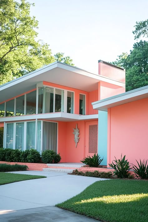 40 Colorful Mid-Century Modern House Exteriors Mcm Exterior Paint Colors, 50s House Exterior, Roller Skating 80s, Mid Century House Exterior, Save File Sims 4, 80s Architecture, Mcm Farmhouse, Mic Design, Sims Exterior