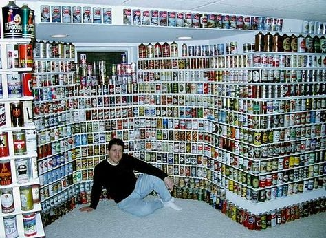 25 People Posing With Their Collections People Posing, Beer Can Collection, Old Beer Cans, Beer Collection, Doll Museum, People Poses, Vintage Beer, Vintage Children's Books, Guy Names