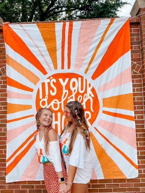 Golden Hour Recruitment, Sunshine Sorority Theme, Sunshine Bid Day Theme, Golden Hour Sorority Theme, Golden Hour Bid Day Theme, Walking On Sunshine Bid Day, Golden Hour Party, Golden Hour Bid Day, Sorority Recruitment Themes