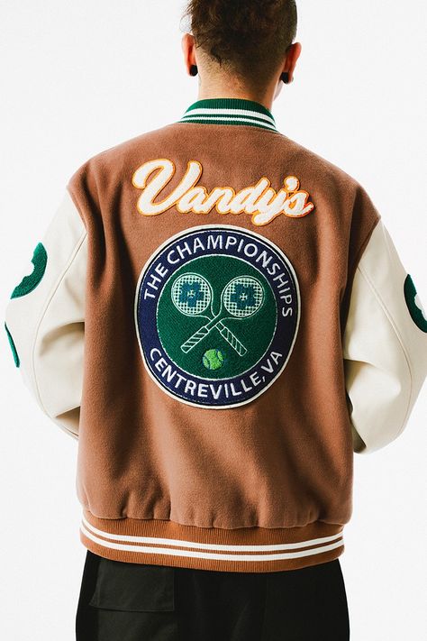 Vandy The Pink VTP WORLDWIDE TENNIS CLUB Varsity Jacket | HYPEBEAST Varsity Back Design, Varsity Jacket Back Design, Hypebeast Brands, Baseball Jacket Outfit, Varsity Shirt, Varsity Design, Varsity Jacket Outfit, Baseball Jackets, Varsity Hoodie