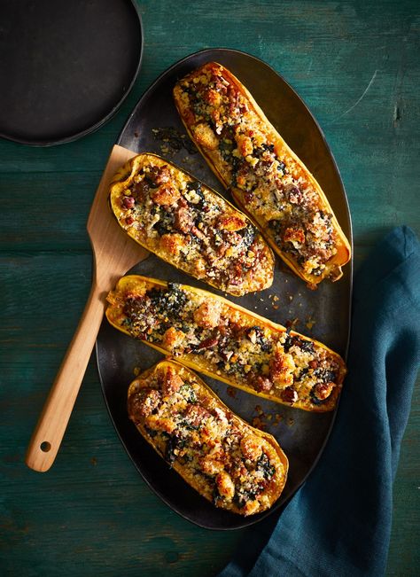 Sausage-Stuffed Squash Stuffed Delicata Squash, Cheesy Cornbread, Leftover Cornbread, Stuffed Squash, Fall Dinners, Recipes Pork, Squash Varieties, Baked Squash, Delicata Squash