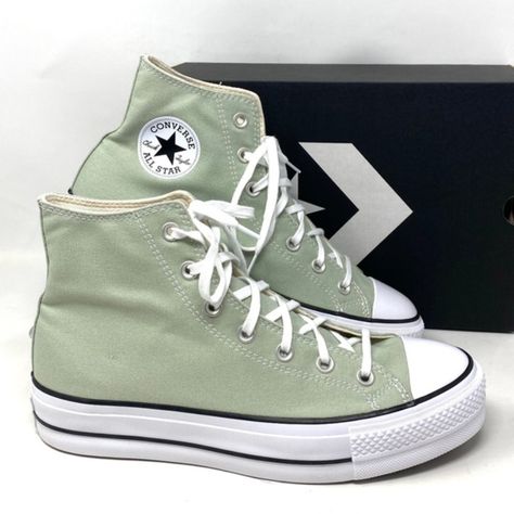 Converse Ctas Lift Platform Women's Sneakers Canvas Light Green High Top A03541c Brand New With Box! 100% Authentic! The Platform High Top You Love, Sized Down For Your Little. With The Same Double-Stacked Sole And Classic Chuck Taylor All Star Design Elements, Like A Diamond Pattern Toe Bumper And Rubber Toe Cap. Fresh Color Elevates Their Attitude And Outlook On Classic Canvas. High-Top Platform Sneaker With Canvas Upper Smartfoam Sockliner For Comfort Updated In One Of The Season's Top Colors Seafoam Green Shoes, Sage Green Items, Sage Green Shoes, Light Green Converse, Sage Green Converse, Pastel Converse, Light Green Shoes, Green Converse High Tops, Cute Converse Shoes