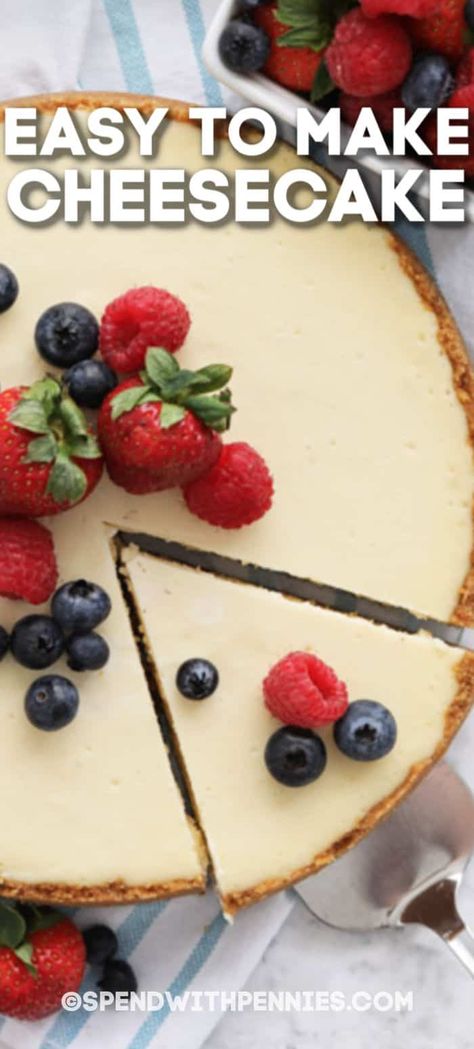 This Cheesecake recipe is made without sour cream but still has that rich flavor. Rich cheesecake filling in a graham cracker crust, topped with lemon, raspberry or cherry! #spendwithpennies #cheesecake #dessert #easycheesecakerecipe #homemade #best Cheesecake Recipes Without Sour Cream, Cheesecake Without Sour Cream, Cheesecake Recipe No Sour Cream, Easy Cheesecake Recipe, Sour Cream Cheesecake, Make Cheesecake, Rich Cheesecake, Cheesecake Recipes Classic, Mini Cheesecake Recipes