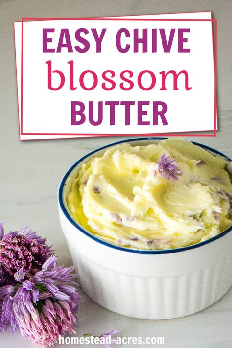 EASY CHIVE BLOSSOM BUTTER RECIPE - Don’t let spring pass without trying this yummy chive blossom butter! It’s so easy to make and a great way to use up chive flowers from your herb garden. Chive Flowers Recipe, Garden Vegetable Recipes, Chive Flowers, Drying Fresh Herbs, Butter Recipes Homemade, Chives Recipe, Fresh Herb Recipes, Chive Flower, Chive Blossom