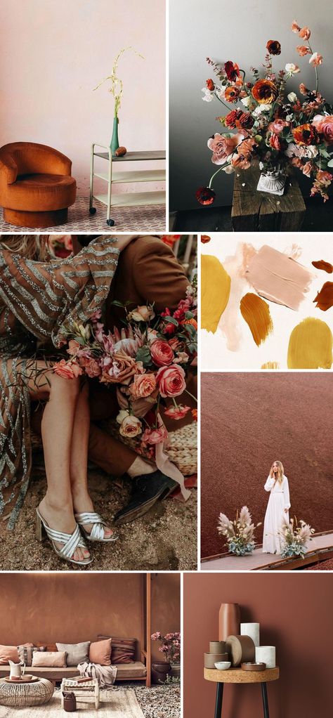 Color trend: Rust, blush, and mustard + shop! Mustard Wedding, Romantic Wedding Colors, Earth Tone Wedding, Rustic Color Palettes, Blush Color Palette, Emerald Bridesmaid Dresses, Wedding Color Trends, Boho Wedding Inspiration, Layer Cakes