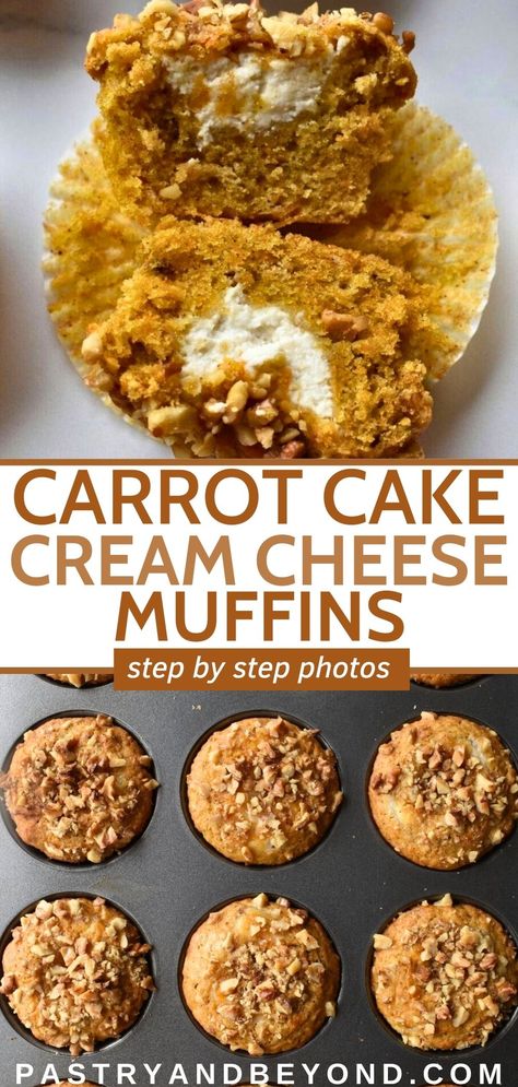 These carrot cake muffins with cream cheese filling is deliciously soft, moist and refreshing. Carrot Cake Muffins Recipe, Muffins With Cream Cheese Filling, Carrot Cake Muffin Recipe, Carrot Cheesecake, Muffins With Cream Cheese, Carrot Muffin Recipe, Cheesecake Muffins, Bakery Style Muffins, Carrot Cake Muffins