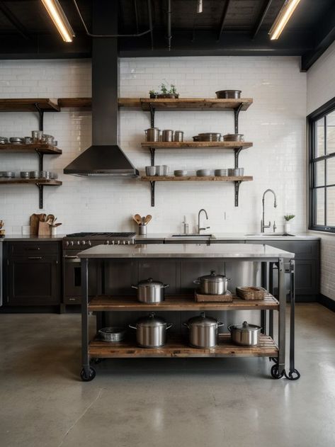 Industrial-style kitchens with exposed brick walls, stainless steel appliances, and open shelving, creating a raw and edgy aesthetic. #KitchenIdeas #KitchenDesign Industrial Kitchen Stainless Steel, Industrial Kitchen Wall Shelves, Industrial Kitchen Design Stainless Steel, Spanish Modern Kitchen, Industrial Kitchen Shelves, Country Kitchen Inspiration, Industrial Chic Kitchen, Industrial Decor Kitchen, Scandinavian Kitchen Design