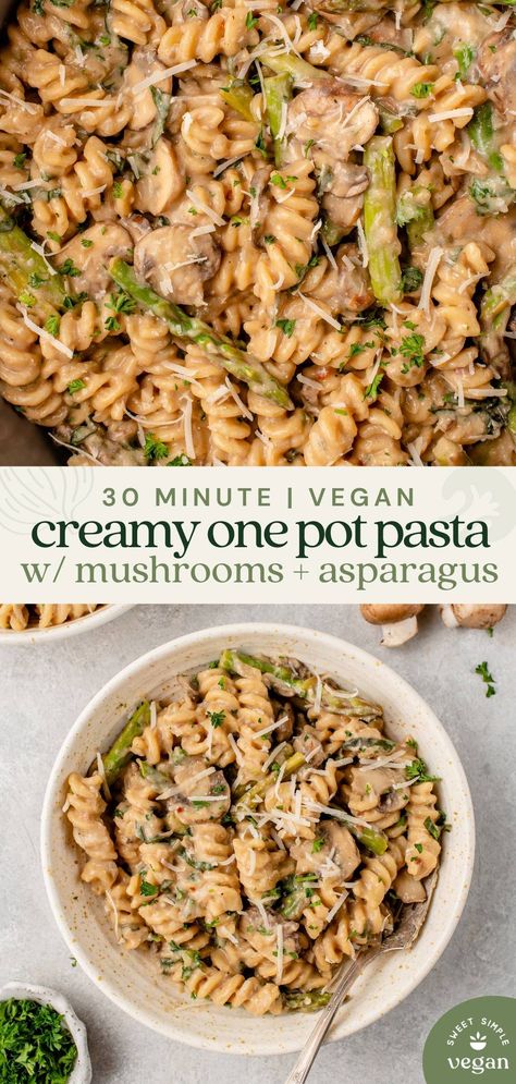 One Pot Mushroom Pasta, Vegan Asparagus Recipes, Vegan Pastas, December Recipes, Pasta With Mushrooms, Vegan Pasta Dish, Mushroom Recipes Pasta, Lunch Prep, Asparagus Pasta