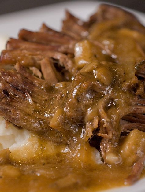 Tender pot roast cooked in a creamy mushroom gravy. Three Envelope Roast, 3 Envelope Roast, Pot Roasts, Mushroom Gravy Recipe, Slow Cooker Potatoes, Mushroom Gravy, Pot Roast Recipes, Gravy Recipes, Crock Pot Cooking