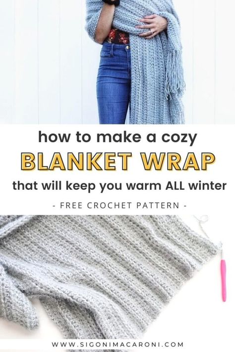 This Cozy Hygge Blanket Wrap is a free beginner friendly crochet pattern and it is so much fun to make! It's easy, only using half double crochet stitches, with a little bit of added texture. Blanket wrap, blanket scarf, HUGE scarf.. call it what you will. You are going to love being wrapped up in it this winter! Blanket Scarf Crochet Pattern Free, Crochet Pashmina Pattern Free, Crochet Blanket Shawl Pattern Free, Crochet Blanket Scarf Pattern Free, Blanket Scarf Crochet, Hygge Blanket, Hygge Blankets, Hygge Yarn, Crochet Blanket Shawl