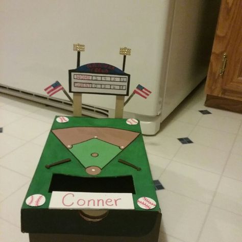 Baseball Valentine box Baseball Themed Valentine Boxes, Valentine Shoe Box Ideas For Boys Baseball, Baseball Field Valentines Boxes, Valentines Boxes Baseball, Softball Valentine Box Ideas, Baseball Valentine Boxes For Boys, Baseball Valentines Boxes, Baseball Valentine, Girls Valentines Boxes