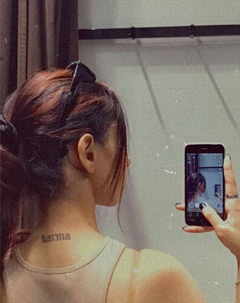 Back Of Neck Script Tattoo, Karma Back Tattoo, Karma Neck Tattoo, Tattoo Karma, 80’s Hair, Birthday Tattoos, Front Neck Tattoo, One Word Tattoo, Rep Era