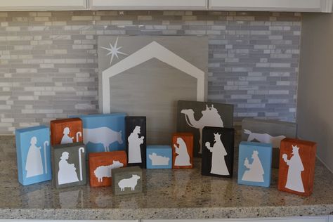 DIY Wood Block Nativity Set Block Nativity Set, Wood Block Nativity, Nativity Blocks, Relief Society Christmas Gifts, Homemade Graduation Gifts, Nativity Diy, First Grade Crafts, Halloween Blocks, Wooden Nativity