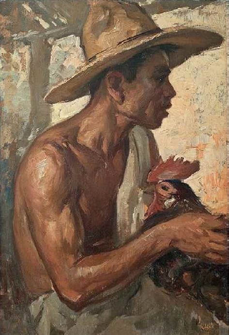 Fernando Amorsolo - Man with Rooster Fernando Amorsolo Paintings Portraits, Philippine Paintings Art, Representational Art Painting, Fernando Amorsolo Picture, Filipino Art Paintings, Fernando Amorsolo Paintings, Filipino Painting, Fernando Cueto Amorsolo, Amorsolo Paintings