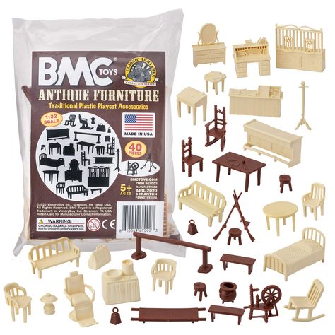 PRICES MAY VARY. BMC Classic Antique Furniture Western Hotel and Colonial Accessories Size: up to 2 inches tall Scale: Approximately 1:32 Packaging: Polybag with Insert Card From the CLASSIC ARMY MEN COLLECTOR SERIES, BMC Toys brings back more classic playset accessories from yesteryear. This 40 piece set includes a variety of old-timey furniture and accessories. Pieces are made from slightly stiff cream and brown color HDPE plastic. Pieces include desks, chairs. benches, bed, bar, dresser, coat Bar Dresser, Playset Accessories, Western Hotel, Diy Dollhouse Furniture Easy, Puzzles Gifts, Wooden Dollhouse, Miniature Diy, Diy Dollhouse Furniture, Army Men