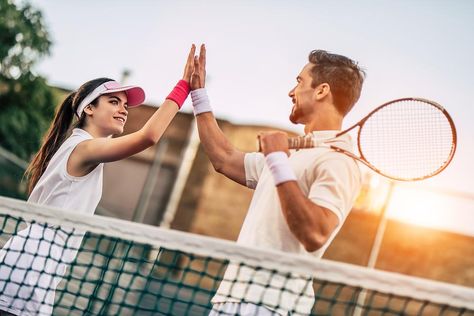 Play Tennis: The Sport Is a Great Hobby for Fitness & Fostering Friendships! #30secondmom Tennis Doubles Pictures, Couple Playing Tennis, Tennis Prewedding, Tennis Couple, Sport Couple, Bride Makeup Natural, Tennis Court Photoshoot, Tennis Photoshoot, Bridal Shower Photography