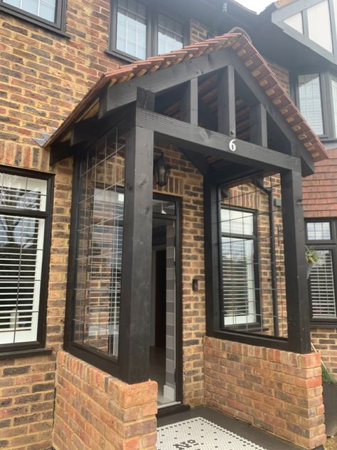 Black stained chunky timber porch Black Stained Porch, Stained Porch, Timber Porch, Oak Porch, Timber Frame Porch, Porch Canopy, Timber Posts, Porch Uk, White Room