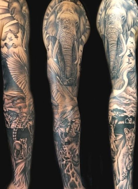 Animals Arm Tattoo, African Animal Sleeve Tattoo, African Arm Tattoo, Africa Sleeve Tattoo, Unique Arm Sleeve Tattoos, Jungle Theme Tattoo Sleeve For Women, Animals Sleeve Tattoo, Sleeve Tattoos Animals, Sleeve Animal Tattoo