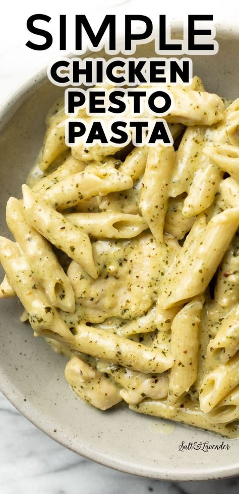 a bowl of penne in creamy sauce with text overlay that reads simple chicken pesto pasta