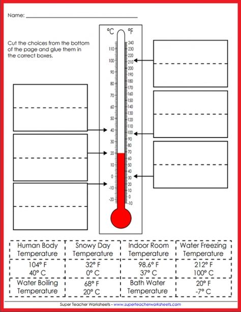 Teach your students all about temperature! Super Teacher Worksheets has resources for gauging temperature in Celsius and Fahrenheit. Teaching Temperature, Temperature Worksheet, Thermometer Activities, Measurement Worksheets, Activity Worksheet, Cut And Paste Worksheets, 8th Grade Science, Math Measurement, Super Teacher