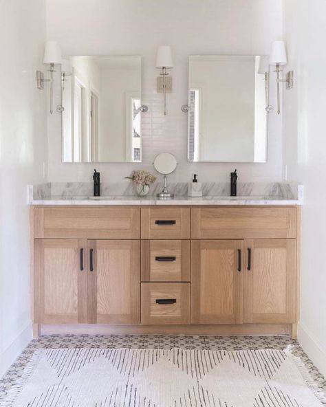 The  R E D   F E R N  Home on Instagram: “Hey friends! It's Monday and the ultra-talented ladies hosting #thatdecorlife have chosen YOURS TRULY to guest host this week's edition of…” White Hexagon Bathroom, Light Wood Bathroom Vanity, Natural Wood Bathroom Vanity, Herringbone Tile Floors, Mid Century Modern Bathroom, Zen Bathroom, Wood Bathroom Vanity, Bathroom Refresh, Modern Shower