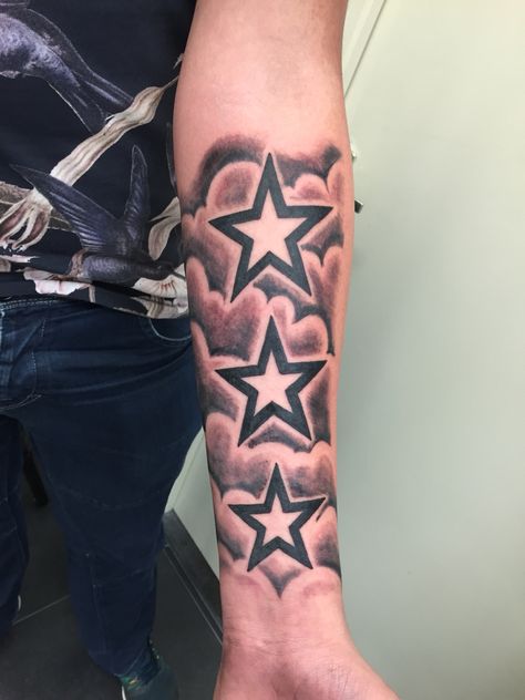 Stars & clouds Cloud Stars Tattoo, Stars And Clouds Tattoo, Tattoos Clouds, Star Tattoos On Chest, Chest Tattoo Clouds, Clouds And Stars Tattoo, Ak47 Tattoo, Stripe Tattoo, Cloud Tattoo Design