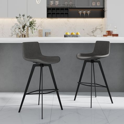 Complement your home bar with this swivel set of 2 bar stools. This stool is designed with a swivel mechanism, so you can easily interact with other people in the room without having to move your chair. The footrest at the bottom provides a more comfortable and relaxed sitting position. Upholstered in faux leather and filled with elastic foam, the curved seat offers you incredible comfort. Crafted from sturdy metal, it ensures years of dependable use. Swivel Stools For Kitchen Island, Modern Bar Stools Kitchen, Chaise Haute Bar, Bar Stool With Back, Wooden Office Desk, Stool With Back, Loveseat Living Room, Bar Stools Kitchen Island, Breakfast Bar Stools