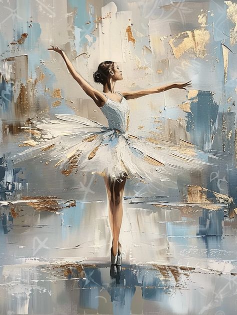 Oil painting of a ballerina in a white tutu with gold accents in a full body shot, with her arms outstretched in an elegant pose, with a flowing dress, with soft lighting creating a dreamy atmosphere. The background is an abstract water scene with light blue and grey tones, with brush strokes visible in the texture of the oil paint, 3d, hard brush strokes, high detailed --v 6   --style raw Ballerina Oil Painting, Ballet Painting Aesthetic, Ballerina Art Paintings Easy, Grey Gold Aesthetic, Dreamy Art Painting, Abstract Ballerina Painting, Oil Painting Aesthetic, Ballerina Art Paintings, Elegant Pose