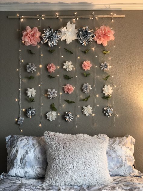 Made this with some colored paper, fake leaves and string lights! Super easy! Lights, Flowers, DIY, Room decor Room Decor Bedroom Handmade, Flower Wall Room, Wall Room Ideas, Wall Room Decor, Fake Leaves, Wall String Lights, Tissue Paper Crafts, Flower Bedroom, Wall Diy