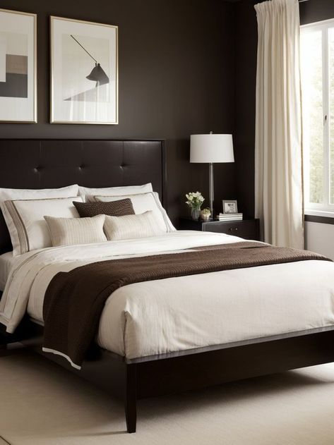 Create a bold statement in your bedroom by painting one wall in a dark brown color. Pair it with elegant white furniture, like a tufted headboard and matching nightstands, for a sleek and modern look. Chocolate Brown Bedroom Walls, Dark Brown Headboard, Chocolate Brown Bedrooms, Brown Bedroom Walls, Bedroom Feature Wall, Brown Accent Wall, Bedding Color, Brown Bedroom Decor, Brown Headboard