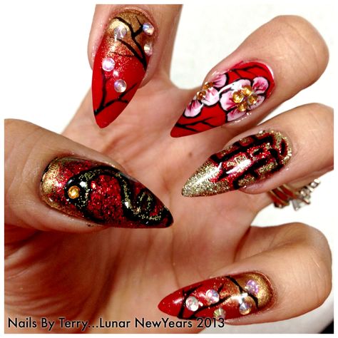 Lunar New Year 2013, year of the Snake! Nails by Terry Chinese New Year Nail Art, Nail Tet, Chinese New Year Nail, Cny Nails, Nail Design Diy, Snake Nails, New Year Nail Art, New Year Nail, New Years Nail Art