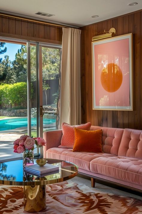 Embracing Pink in Masculine Spaces: A Bold Statement of Equality and Elegance — Living Bright Interiors Pink Sofa Living Room Ideas, Pop Of Color Living Room, Peach Sofa, 80s House Interior, Pink Sofa Living Room, Colorful Living Room Bright, Minimalist Chandelier, Apartment Chic, Living Room Orange