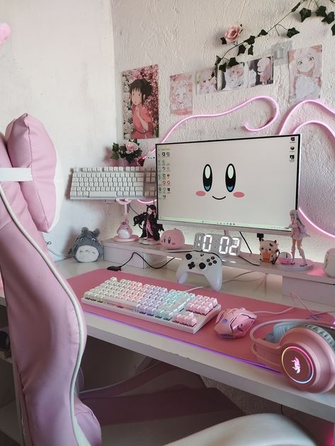 Set Up Gamer Girl, Setup Rosa, Pink Pc Setup, Pink Setup, Bedroom Gamer, Gamer Bedroom, Gamer Decor, Gaming Desk Setup, Setup Gamer