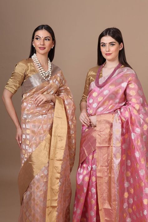 Chanderi Katan Silk Sarees, Chanderi Saree Blouse Design, Designer Chanderi Saree, Saree Thoughts, Chanderi Pattu Sarees, Pure Organza Silk Sarees, Pink Saree Silk, Pure Banarasi Silk Sarees, Pink Silk Saree