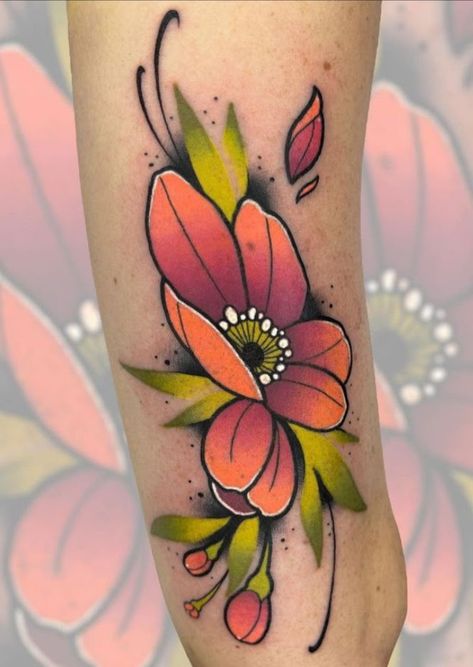 Neotraditional Japanese Tattoo Design, New School Flower Tattoo Design, Color Flash Tattoo Designs, Lotus Neotraditional Tattoo, Neo Trad Flower Tattoo Design, Small Neotraditional Tattoo Design, Neotraditional Flowers Tattoo, Neo Traditional Tattoos Color, Small Colour Tattoo Designs