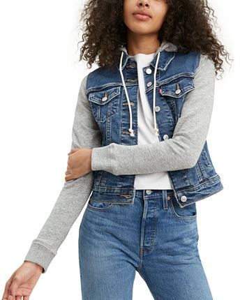 Trucker Jacket Women, Jacket With Hoodie, Levis Jean Jacket, Levis Denim Jacket, Denim Hoodie, Classic Denim Jacket, Knitted Hood, Loose Jeans, Levis Denim