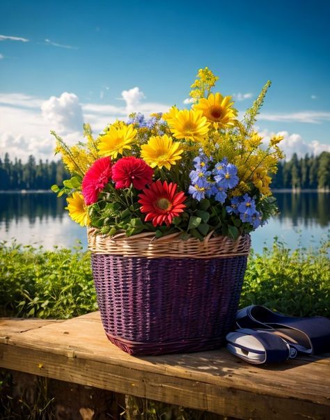 bouquet of flowers in a basket on the shore of the lake.  Lots of sky.  In the distance is a forest, a yacht. Flowers In A Basket, Yellow Sunflowers, A Yacht, Yellow Sunflower, Bouquet Of Flowers, Wicker Basket, Yellow Flower, Flower Basket, Blue And Yellow