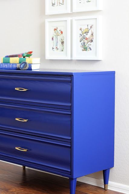 The paint color is Benjamin Moore's Admiral Blue in Satin. Blue Painted Furniture, Blue Dresser, Green Desk, Mid Century Modern Dresser, Blue Furniture, Modern Dresser, Furniture Inspiration, Redo Furniture, Furniture Projects