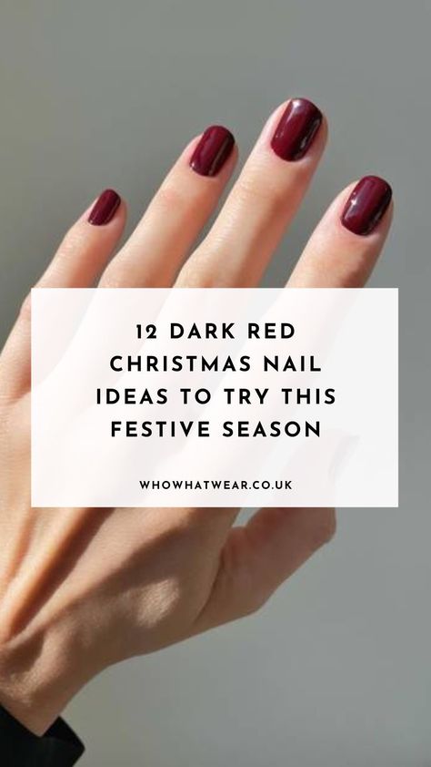 Dark red Christmas nails (aka mulled-wine nails) are already trending for the festive season. See the best dark red nail polish and manicure ideas here. Burgundy Nails Christmas Holidays, Dark Cherry Red Nail Polish, Xmas Sns Nails, Winter Wine Nails, Dark Red Nails For Christmas, Christmas Dark Red Nails, Winter Nails Dark Red, Cranberry Nail Polish, Deep Winter Color Palette Nails